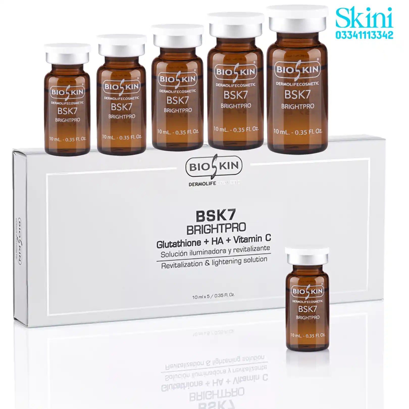 BioSkin - BSK7 BrightPro Glutathione + Vitamin C + Hyaluronic Acid – Skin Brightening & Revitalizing Solution – Made in Spain 5 Vial - Box