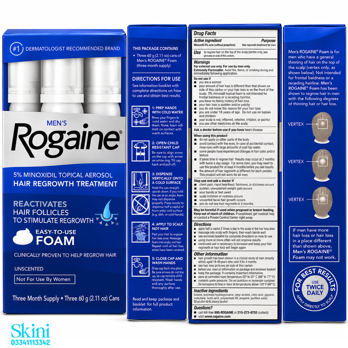 Men’s Rogaine 5% Minoxidil Foam, Hair Regrowth Treatment (3-Month Supply, 3 x 60 g Cans)